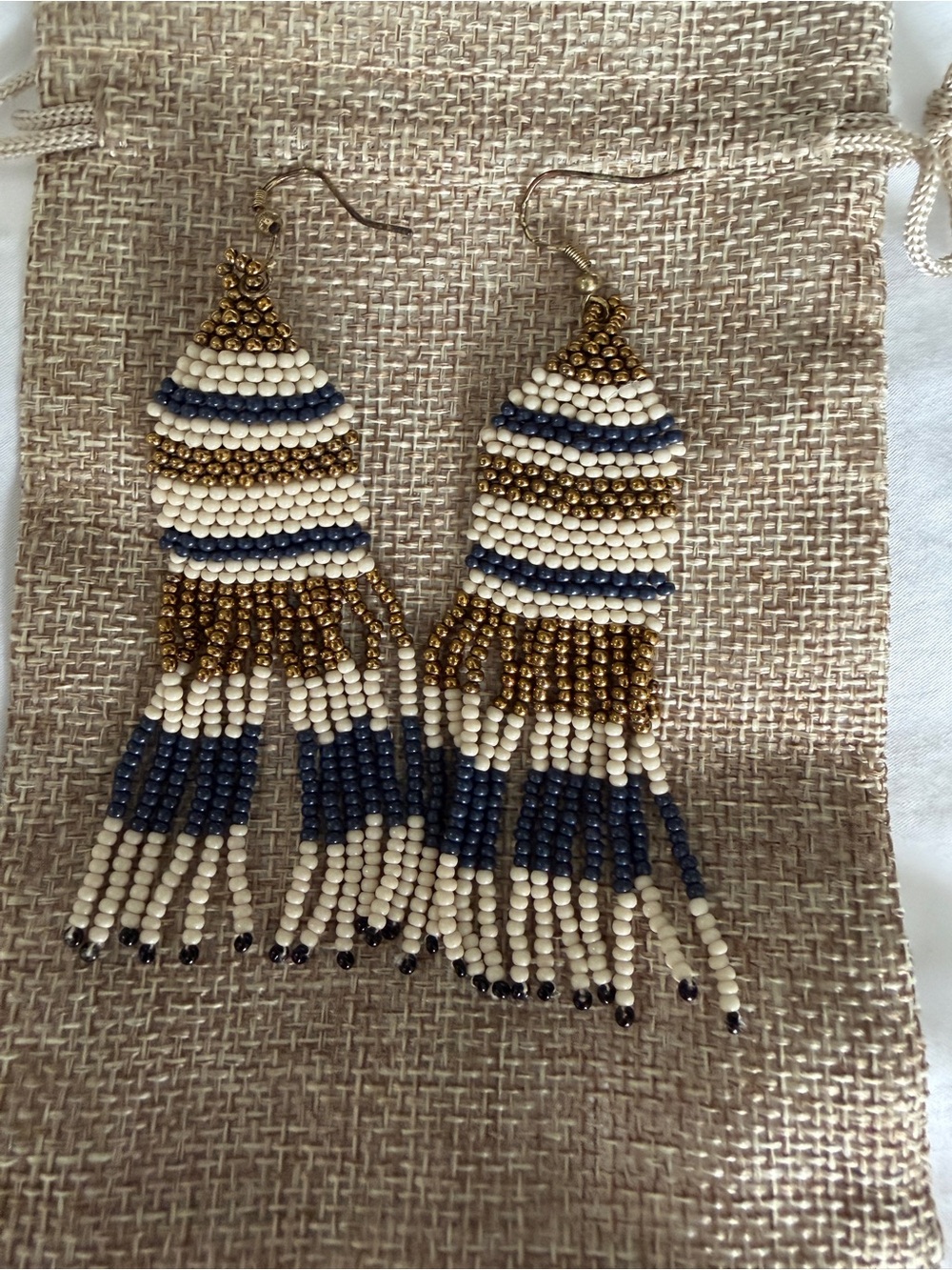 Beaded Fringe Earrings in Navy, Cream & Gold - Lightweight Statement